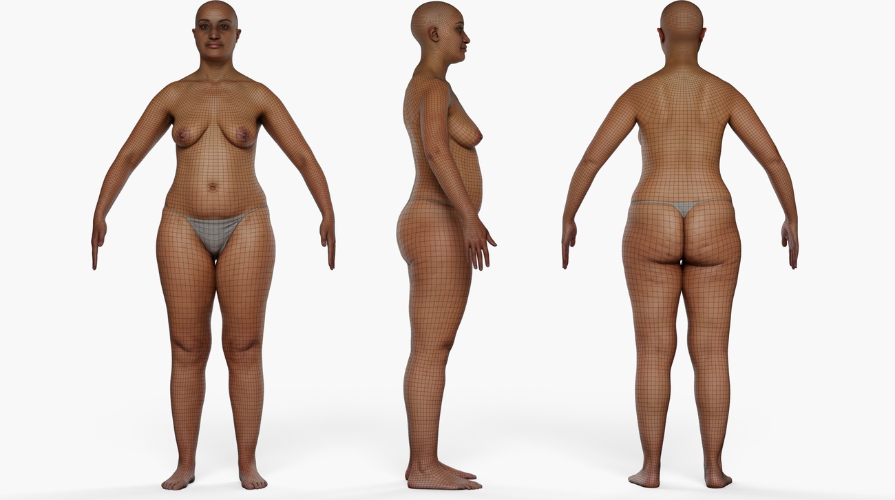 Wireframe topology overlay of a female full body 3D scan showing clean quad mesh edge loops